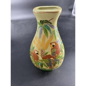 Vintage Cloisonné Vase with Parrots & Leaves 10"